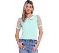 Allegra K Women's Vintage 1940s Blouses, Polka Dots Blouse, Peter Pan Collar Top, Short Sleeves Tops Light Green M
