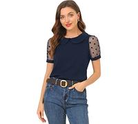 Allegra K Women's Vintage 1940s Blouses, Polka Dots Blouse, Peter Pan Collar Top, Short Sleeves Tops Navy Blue XXL