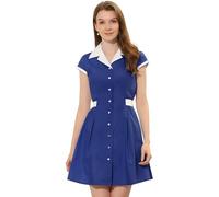 Allegra K Women's Vintage Button Down Dress Flat Collar Belted Office Mini Shirt Dress Dark Blue M