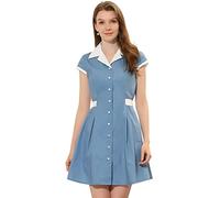 Allegra K Women's Vintage Button Down Dress Flat Collar Belted Office Mini Shirt Dress, Grey Blue, M