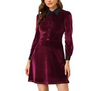 Allegra K Women's Vintage Contrast Collar Half Placket A-Line Fit and Flare Velvet Short Dress Wine Red 12