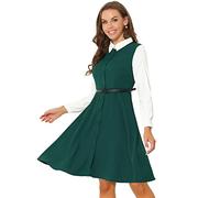 Allegra K Women's Vintage Contrast Turn Down Collar Button Down Long Sleeve Belted Shirt Dress Green 8