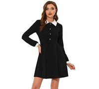 Allegra K Women's Vintage Peter Pan Collar Contrast Half Placket Long Sleeve A-Line Swing Short Dress Black 20