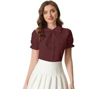 Allegra K Women's Vintage Peter Pan Collar Tie Neck Casual Cute Cotton Button-Up Shirt Wine Red L