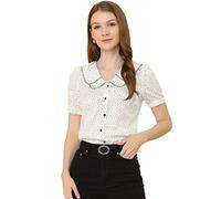 Allegra K Women's Vintage Polka Dots Peter Pan Collar Puff Short Sleeve Shirt Top, White, S