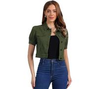 Allegra K Women's Washed Denim Jacket Button Closure Puff Short Sleeve Crop Jean Top Army Green M