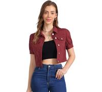 Allegra K Women's Washed Denim Jacket Button Closure Puff Short Sleeve Crop Jean Top Wine Red L