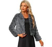 Allegra K Women's Winter Warm Cropped Jacket Collarless Faux Fur Fluffy Coat Gray M