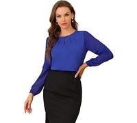 Allegra K Women's Work Office Chiffon Shirt Semi Sheer Long Sleeves Keyhole Neck Elegant Blouse Top Royal Blue M