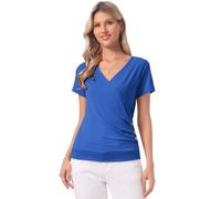 Allegra K Women's Wrap V Neck Short Sleeve Button Decor Ruched Top Royal Blue M