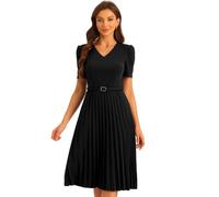 Allegra K Work Dresses for Women's V-Neck Short Sleeve Below Knee Belted A-Line Pleated Dress Black L
