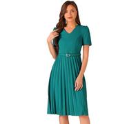 Allegra K Work Dresses for Women's V-Neck Short Sleeve Below Knee Belted A-Line Pleated Dress Blue Green S
