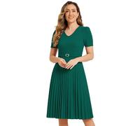 Allegra K Work Dresses for Women's V-Neck Short Sleeve Below Knee Belted A-Line Pleated Dress Dark Green S
