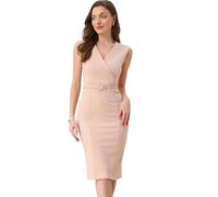 Allegra K Work Office Dress for Women's Sleeveless Wrap V Neck Belted Pencil Dresses Apricot L