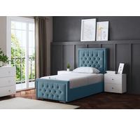 DS Living Allegra Upholstered Ottoman Bed Metallic Blue with Headboard Single, Blue