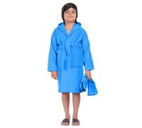 ALLEN & MATE 100% COTTON Children Hooded Bathrobe - Quick Dry Dressing Gown with Head Towel & Pockets for Kids Boys Girls (14-15 Years, Blue)