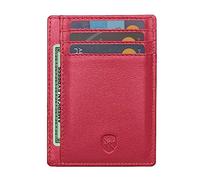 ALLEN & MATE 100% Leather Slim Minimalist Wallet - RFID Blocking Card Holder for Men & Women - Holds 7 Cards & Cash - Stylish, Compact Design - Genuine Leather with Gift Box (Rose Red with Zip)