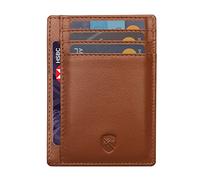 ALLEN & MATE 100% Leather Slim Minimalist Wallet - RFID Blocking Card Holder for Men & Women - Holds 7 Cards & Cash - Stylish, Compact Design - Genuine Leather with Gift Box (Tan)