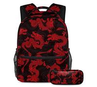 Allenada Leisure Campus Travel Backpacks with Pen Case Dragon Chinese Red Bags with Bottle Holder for Girls Boys