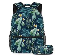 Allenada Leisure Campus Travel Backpacks with Pen Case Green Tropical Leaves & Frangipani Bags with Bottle Holder for Girls Boys