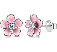AllenCOCO Pink Flower Earrings for Women, 925 Sterling Silver Stud Earrings, Cute Plumeria Earrings For Girl, Cherry Blossom Hypoallergenic Stud