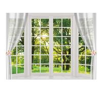 Allenjoy 8x6ft Fabric Spring Window Scenery Photography Backdrop White Windowsill Floral Green Forest Natural Photocall Background Party Banner Wall Decor Baby Kids Family Photo Booth Props