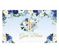 Allenjoy Fabric God Bless Backdrop Baptism Party First Holy Communion Christening Banner Decor Blue Flower Boy Baby Shower Background Favors Supplies Photo Booth Props