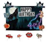 Allenjoy Forest Night Full Moon Wolf Birthday Party Supplies Sets - 1pc 59" x 35" Backdrop, 2pcs Paper Headwear, 8pcs Photo Booth Props