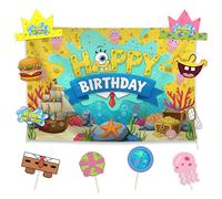 Allenjoy Yellow Cartoon Ocean Treasure Birthday Party Supplies Sets - 1pc 59" x 35" Backdrop, 2pcs Paper Headwear, 8pcs Photo Booth Props