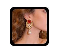 Allereya Boho Pearl Teardrop Dangle Earring Gold Pearl Waterdrop Earrings Red Onyx Earring Red Ruby Stud Earrings Palace Style Dangle Party Prom Jewelry for Women