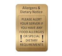 Allergens Dietary Notice Aluminium Metal Sign Brushed GOLD Tin Food Allergies Special Requirements Nuts Glucose Restaurant Cafe Hotel Service Door Information Polite 280x190mm Large ME21