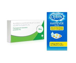 Allergy & Hayfever Relief Loratadine and Optrex Eye drops bundle 30 Tablet