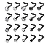 AllerPierce 20G 20Pcs Nose Studs Rings Stainless Steel CZ Black L Shape Stud Nose Piercing Jewelry for Women Men Hypoallergenic Nose Pin 1.5mm 2mm 2.5mm 3mm