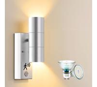 Allesgute Outdoor Wall Lights Mains Powered PIR Motion Sensor IP44 Up Down Outside Wall Lights 240V Stainless Steel with 2X 5W GU10 Bulbs Warm White