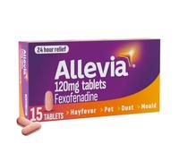 Allevia Hayfever Allergy Tablets 120mg Fexofenadine Antihistamine, 15 cts | Acts within 1 hour. 24-hour multi-symptom allergy relief: hayfever, pet, dust and mould. Non-drowsy in 9 out of 10 people