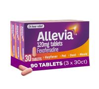 Allevia Hayfever Allergy Tablets 120mg Fexofenadine Antihistamine, 90 cts | Acts within 1 hour. 24-hour multi-symptom allergy relief: hayfever, pet, dust and mould. Non-drowsy in 9 out of 10 people