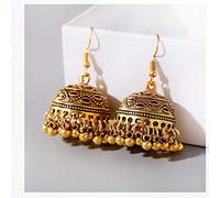 AllForYou Women's Vintage Ethnic Green Gypsy Gold Indian Earrings Boho Jewelry Retro Bell Tassel Carved Ladies Jhumka Earrings