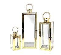 Allgala 3-PC Set Jumbo Luxury Modern Indoor/Outdoor Hurricane Candle Lantern Set with Chrome Plated Structure and Tempered Glass-Cuboid Gold-HD88011