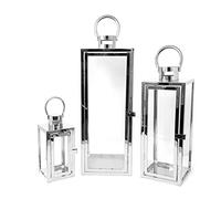 allgala 3-PC Set Jumbo Luxury Modern Indoor/Outdoor Hurricane Candle Lantern Set with Chrome Plated Structure and Tempered Glass-Cuboid Silver-HD88012