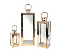 allgala 3-PC Set Jumbo Luxury Modern Indoor/Outdoor Hurricane Candle Lantern Set with Chrome Plated Structure and Tempered Glass-Cuboid Rose Gold-HD88014