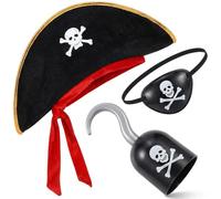 ALLGAYER 3 Pcs Pirate Accessories Set, Pirate Captain Hat with Hook and Skull Eye Patch, Black Pirate Costume Dress Up for Halloween Birthday Party Cosplay