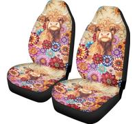 Allhaitong 3D Printed Car Front Seat Covers Waterproof Anti-Slip Easy to Clean Universal Fit Cute Highland Cow Flowers Print
