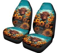 Allhaitong Highland Cow Sunflowers Print Car Seat Covers Two Front Seats Only Car Interior Accessories Decoration Fit For Most Cars Sedan Van SUV