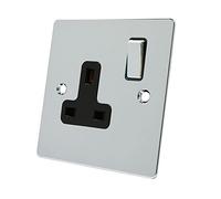 Alliance Electrical FPC1GSOCBC Polished Chrome Flat Black Insert Metal Rocker Switch-13 Amp Single 1-Gang Plug Socket, 240 V