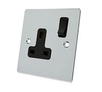 Alliance Electrical FPC1GSOCBL Polished Chrome Flat Black Insert Plastic Rocker Switch-13 Amp Single 1-Gang Plug Socket, 240 V