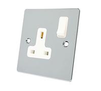 Alliance Electrical FPC1GSOCWH 13 A 1 Gang White Insert Single Plug Socket Flat Plastic Rocker Switch - Polished Chrome