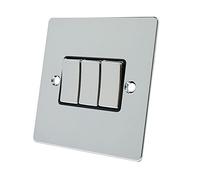 Alliance Electrical FPC3GSWIBC Polished Chrome Flat Black Insert Metal Rocker Switches-10 Amp Triple 3-Gang 2 Way Light Switch, 240 V