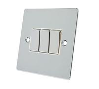 Alliance Electrical FPC3GSWIWC Polished Chrome Flat Black Insert Metal Rocker Switches-10 Amp Triple 3 Gang 2 Way Light Switch, 240 V