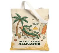 Alligator Canvas Tote Bag for Women, Summer Casual Palm Tree Beach Summer Green Washable Reusable Grocery Bags Ideas for Tr, Green, 13x15 Inch