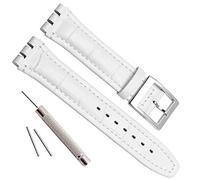 Alligator Grain Cow Leather Stainless Steel Buckle Watch Band Strap for Swatch (19mm, White)